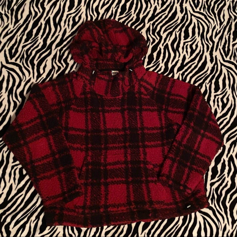 VS Pink Red plaid Sherpa hoodie size large